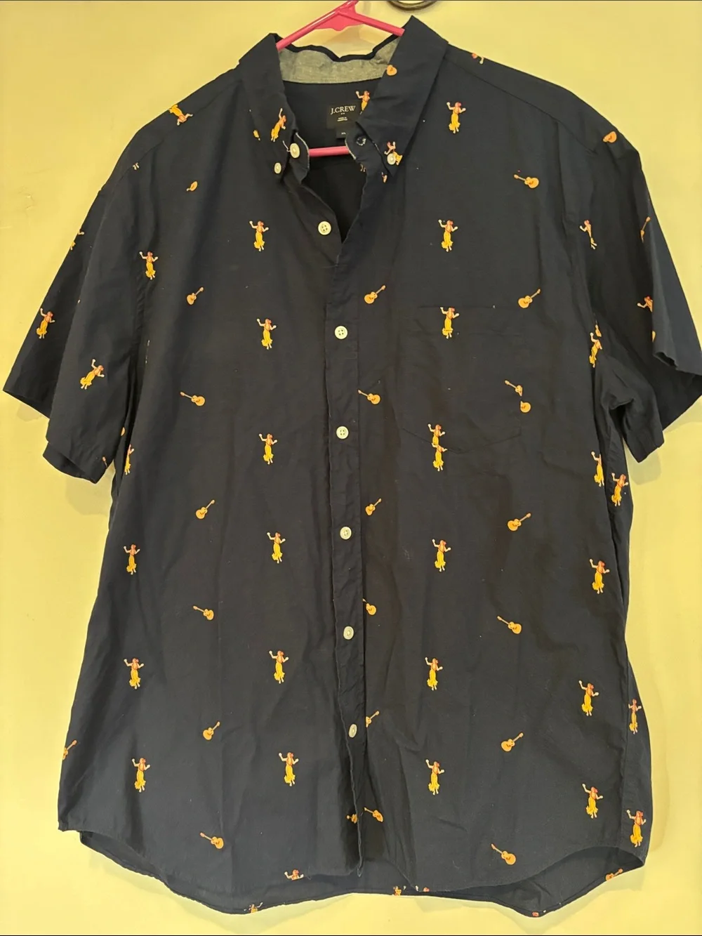 J. Crew Navy Short-Sleeve Button-Down Shirt with Yellow Motif